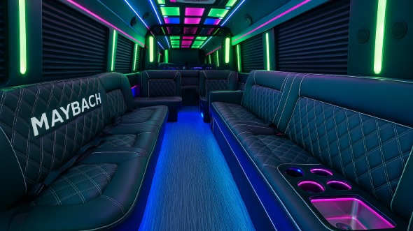Interior of Charter Bus Company Glendale's 50 Passenger Party Bus in Glendale